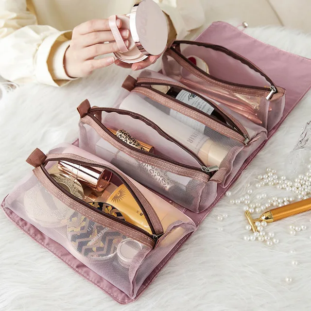 4PCS in 1 Cosmetic Bag For Women Zipper Mesh Separable Cosmetics Pouch Ladies Foldable Nylon Bag