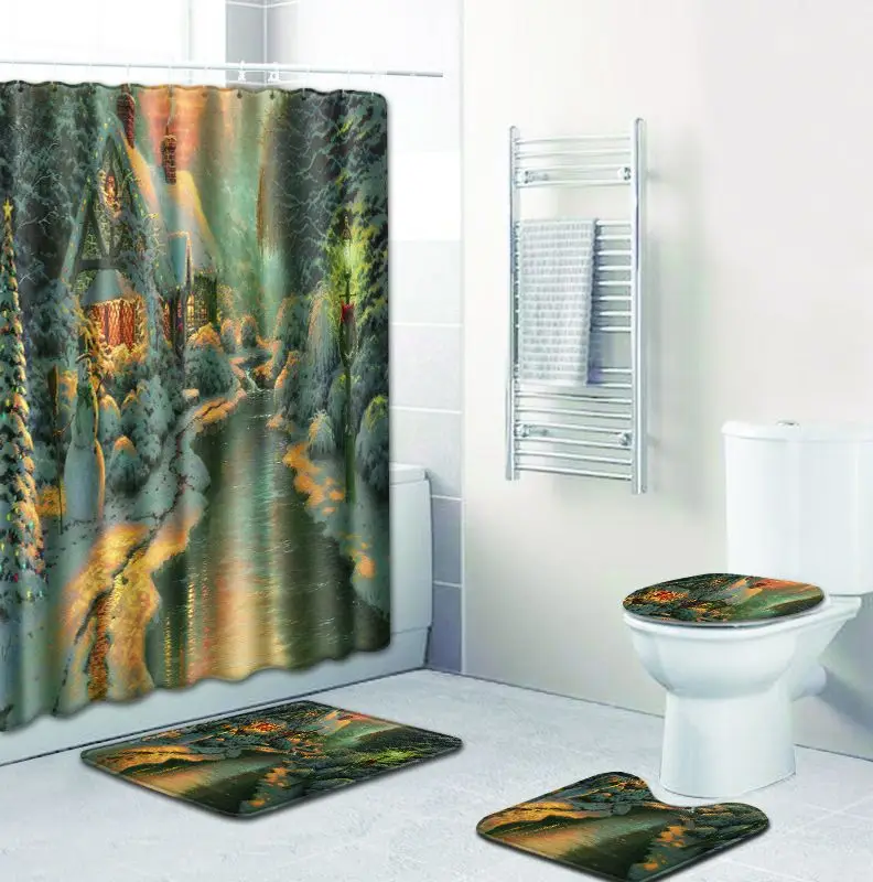 Zeegle Bath Mat with Shower Curtain Set Pedestal Rug Lid Bath Cover Toilet U Type Mat Polyester Shower Curtain Bath Accessories