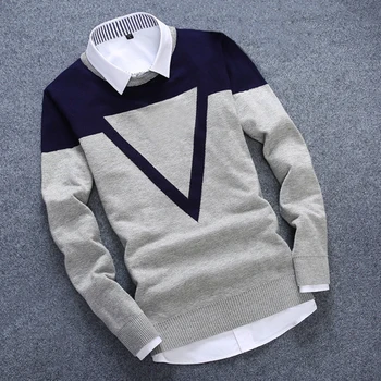 

Zogaa 2020 Fashion Knitted Sweater Men Triangle Casual Cotton Autumn Mens Sweaters Fake Shirt Collar Keep Warm Winter Pull Homme