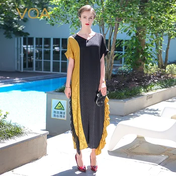 

VOA 2020 Summer Casual Simple V Neck Plus Size Loose Long Maxi Dress Chinese Style Vintage Elegant Silk Jacquard Dress ALJ01101