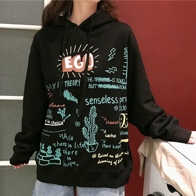 Graffiti Cactus Print Velvet Women Sweatshirt Hooded Hip Hop Korean Female Hoody Winter Loose Thicken Ladies Pullover Top