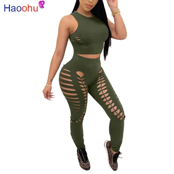 

HAOOHU Sexy Hole Two Piece Set Summer Clothes for Women Tracksuit Crop Top Pant Sweat Suits 2 Piece Club Outfits Matching Sets