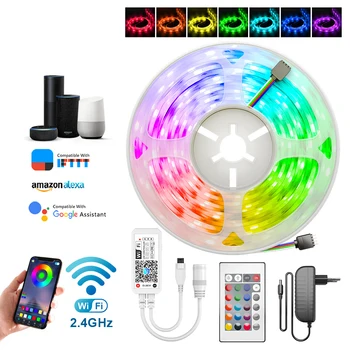 

5m 10m 15m WiFi LED Strip Light RGB Waterproof SMD 5050 2835 DC12V rgb String Diode Flexible Ribbon WiFi Contoller+Adapter plug