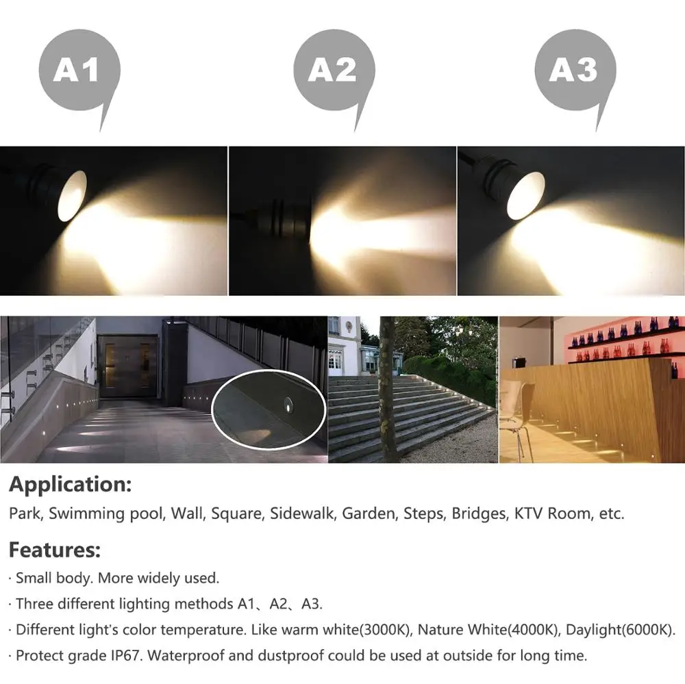 1W LED Step IP67 DC12V Outdoor Recessed Deck Light A1 A2 A3 Side View Waterproof Underground Lamp Sidewalk Wall Lighting 6