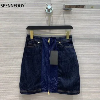 

SPENNYMOOR Designer Brand Autumn Denim Mini Skirt Women Fashion Splicing Skirt