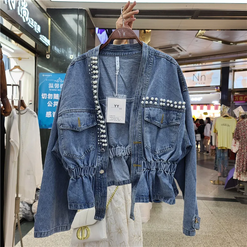 

2020 Spring Autumn New Beaded Jeans Coat Pleated Waist Hugging All-match Fashion Denim Jacket Women's V-neck Long Sleeve Jackets