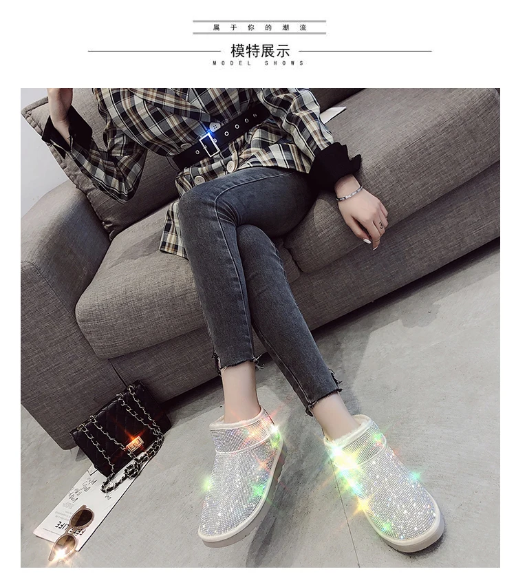 Г., зимние женские ботинки со стразами плюшевые ботинки на низком каблуке без шнуровки серебристого цвета в австралийском стиле Модная хлопковая обувь
