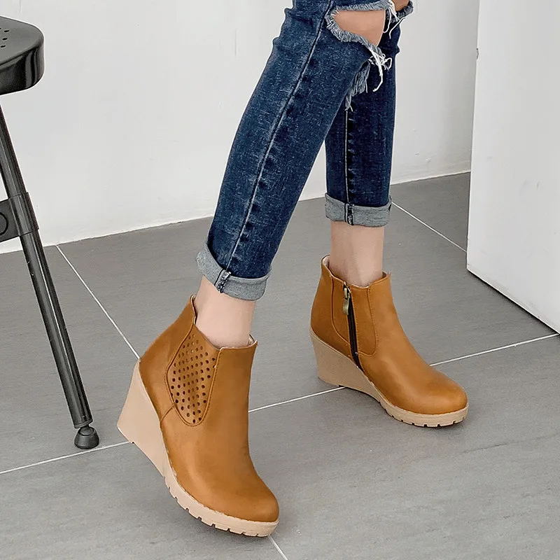 

YMECHIC Fashion 2019 Hollow Dot Wedges Womens Shoes Autumn Winter Yellow Black Wedge High Heel Chelsea Ankle Boots Booties Woman