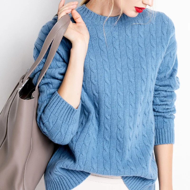 Зимний свитер с длинным рукавом, кашемировый свитер с высоким воротом, свободные свитера с круглым воротником, короткий женский свитер - Цвет: Sky Blue