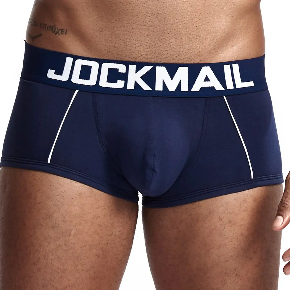 JOCKMAIL сексуальное мужское нижнее белье U выпуклая сумка мужские Трусы Дышащие Боксеры хлопковые забавные трусы однотонные белые домашние шорты - Цвет: Тёмно-синий