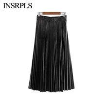 INSRPLS Женская винтажная стильная плиссированная юбка миди из искусственной кожи с поясом и боковой молнией женские юбки шикарные Faldas Mujer