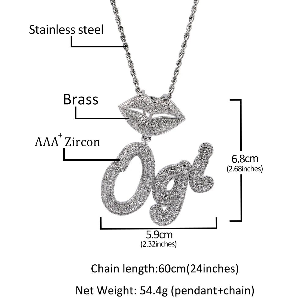 TBTK Lips Clasp Custom Brush Script Letter Two Tone Pendant Micro Paved CZ Baguette Chain Necklace Personalized Hiphop Jewelry