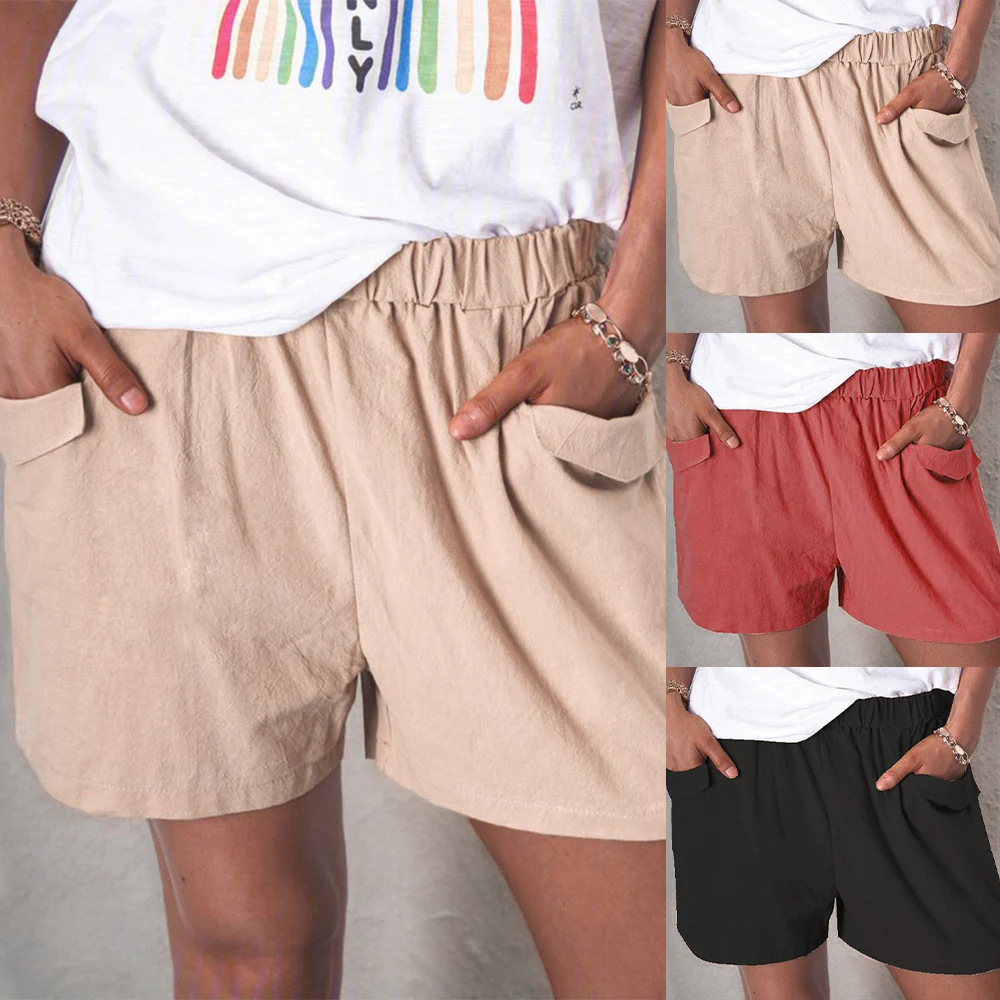 leather shorts Elastic Waist Pockets Shorts Solid Color Summer Shorts Woman Causal Loose Elastic Wasit Daily Cotton Linen Female Shorts New D30 lululemon shorts