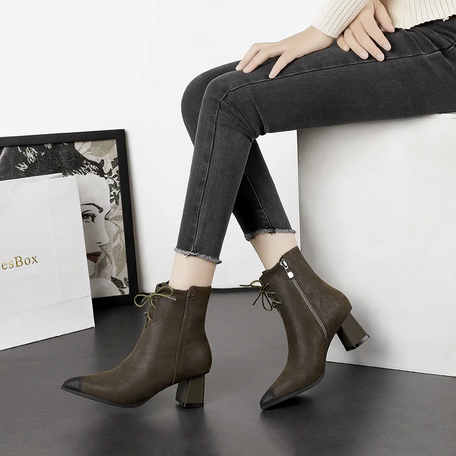 

Zip Ankle Boots Woman cross strap chunky Heels Shoes casual Pointed Toe Boot Ladies Winter Booties Zapatos De Mujer black green