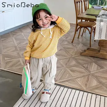 

Baby Boys Striped Shirts Casual Hoodie Sweater Little Girls Winter Infant Contrast Stripe Westernized Plush Top Kid Warm Blouses