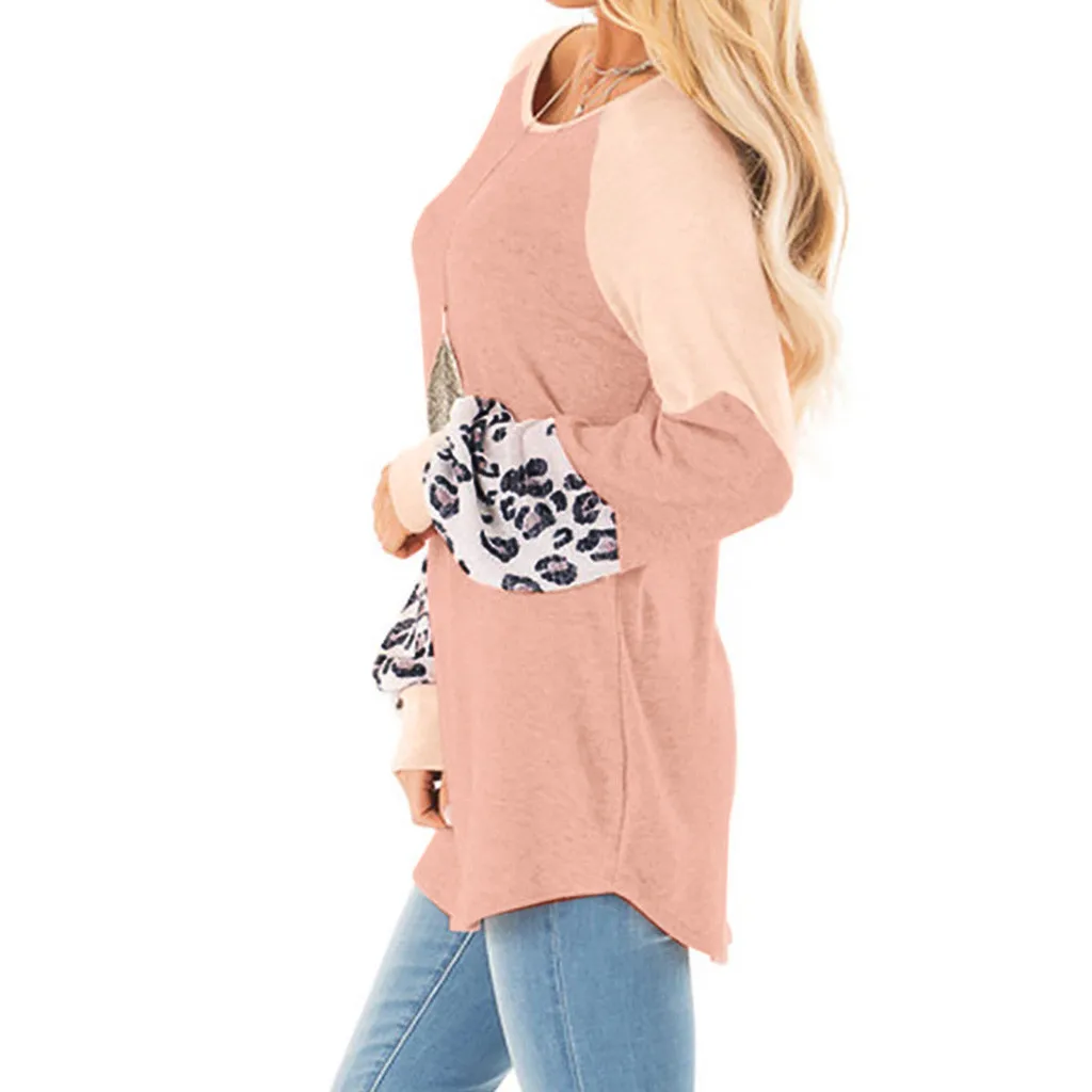 2019 ladies leopard solid color stitching long-sleeved shirt sweater 
