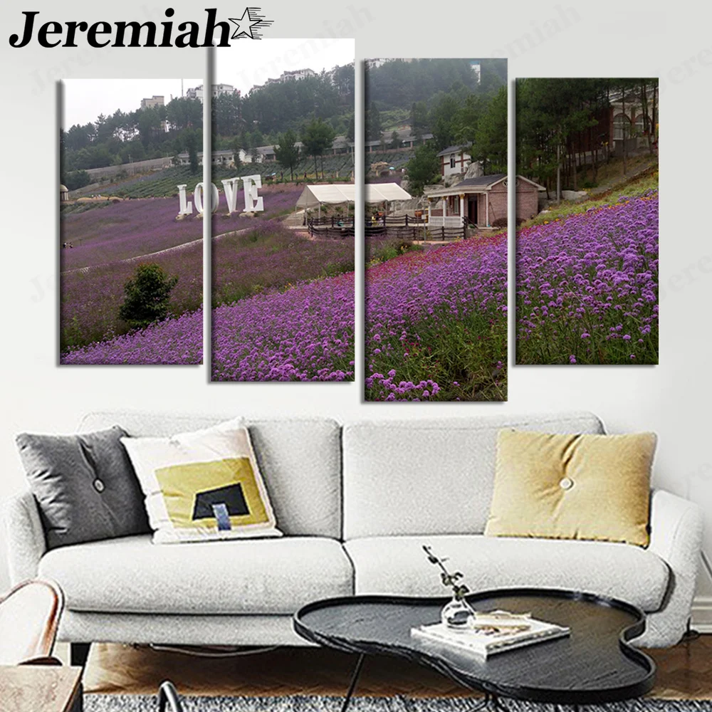 

Nordic Lavender Manor Canvas Painting Rural Landscape Poster Print Wall Art 4 Pieces of Modern Home Room Decoration Accessories