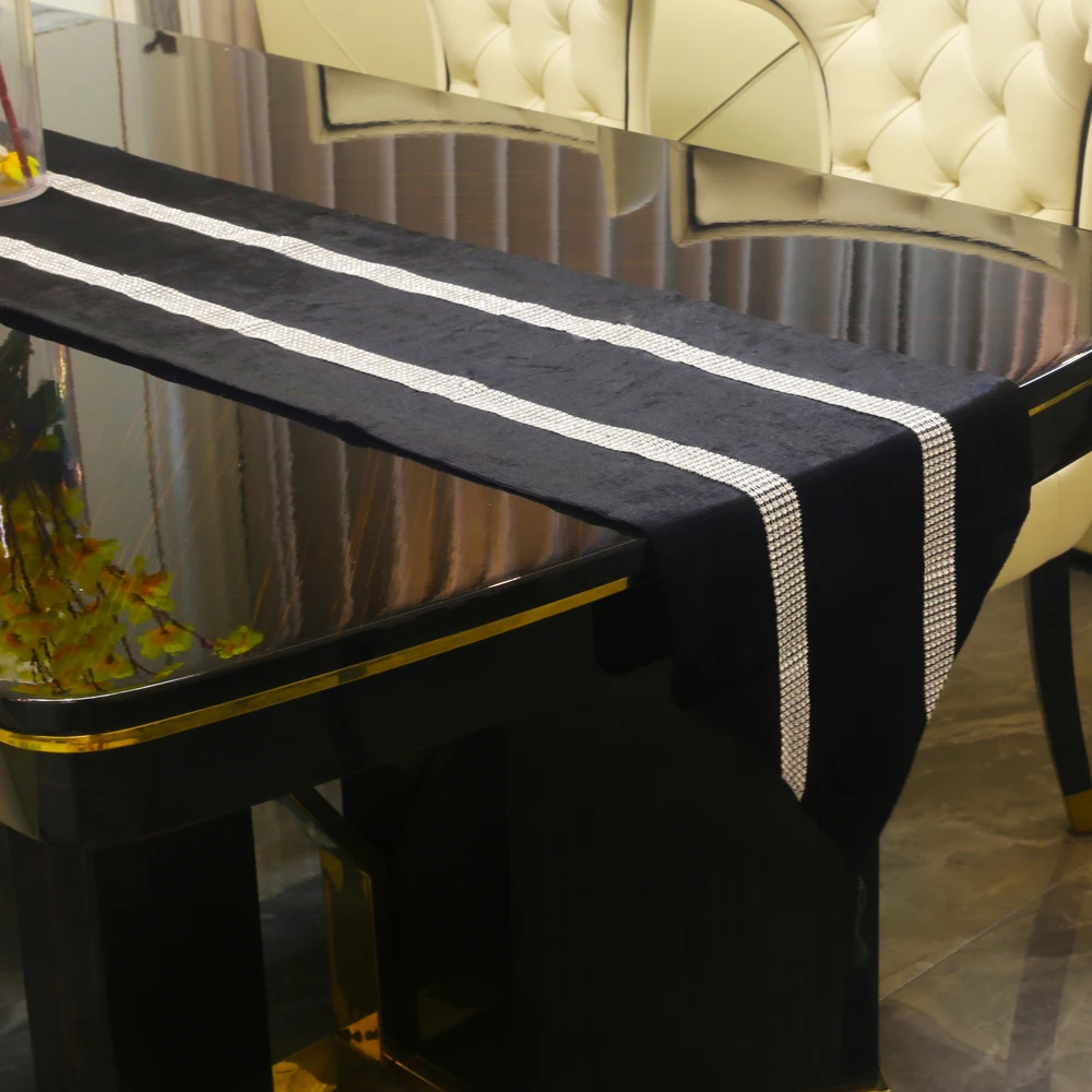 Camino de mesa negro con borlas para mesa de comedor, cubierta de armario de diamantes de terciopelo para cama, boda, fiesta de Navidad, 32X250cm