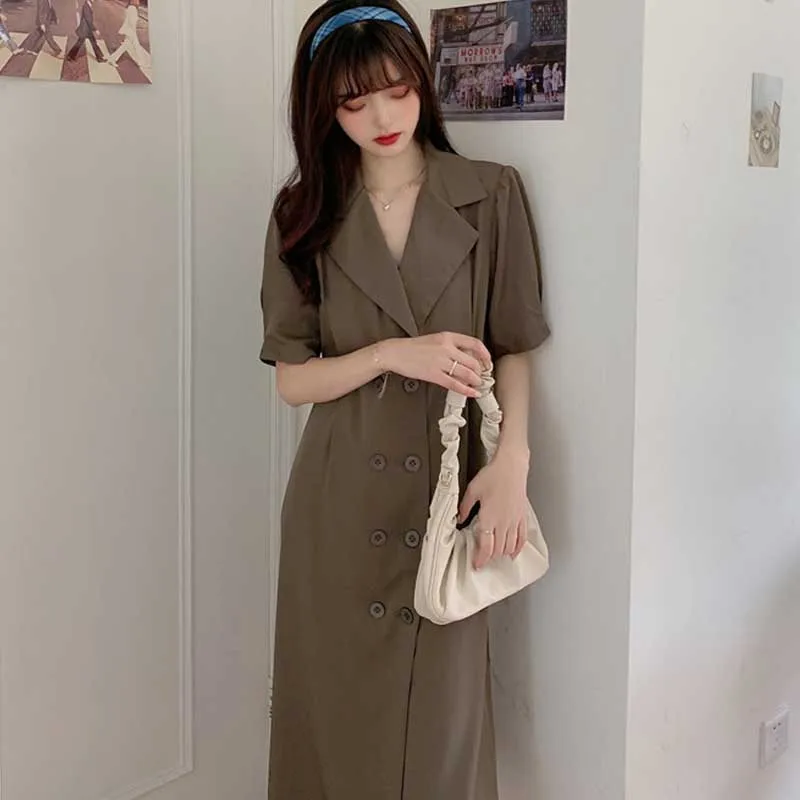 One-Piece Korean Plus Size Dress Women 2020 Summer New Vintage Fashion Double Breasted Dress Lady Elegant Office Dress Vestidos