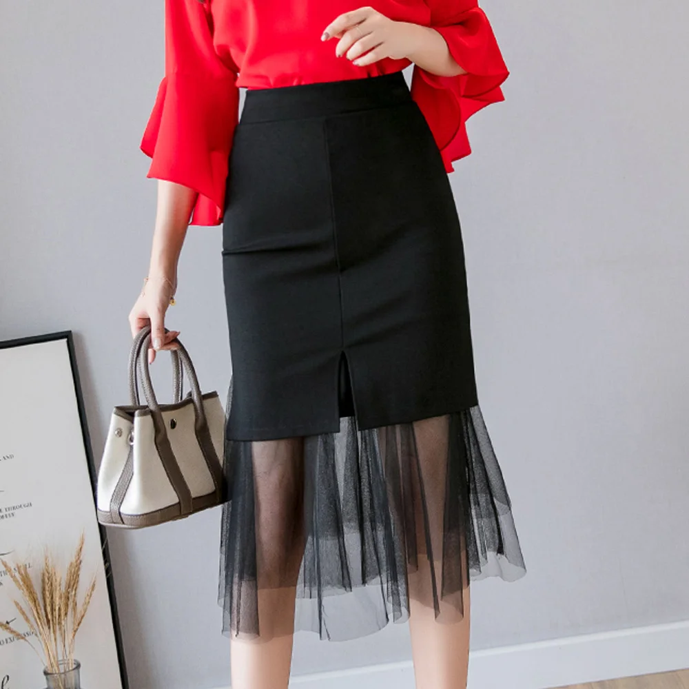 Модная офисная сетчатая юбка миди из кусков, однотонная Красная Женская ...