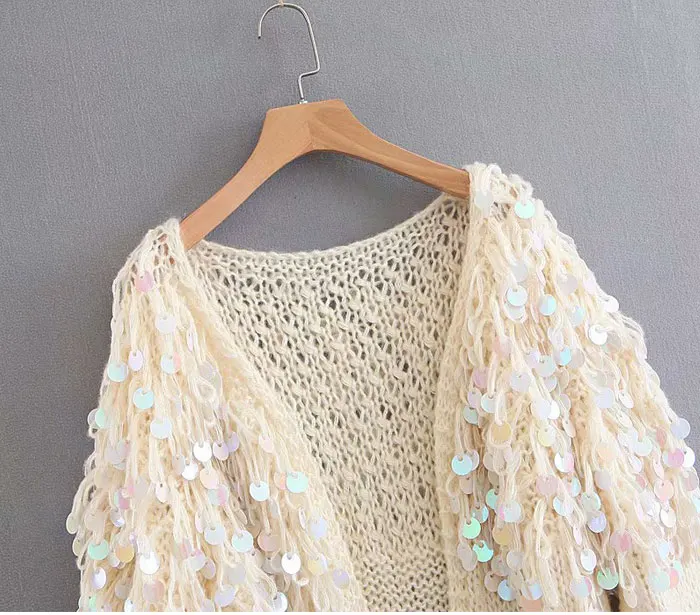 Hand Knitted Beading Cardigan Women Fringed Sweater Loose 3D Sequined Tassels Coat Hollow Wool Circles Fringed Jacket Tops
