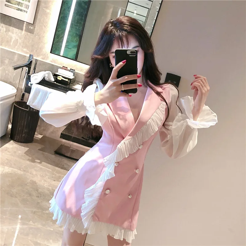 

1038 # Video Photo Shoot Fashion Debutante Graceful Slimming Double Breasted Flounced Suit Jacket Dress