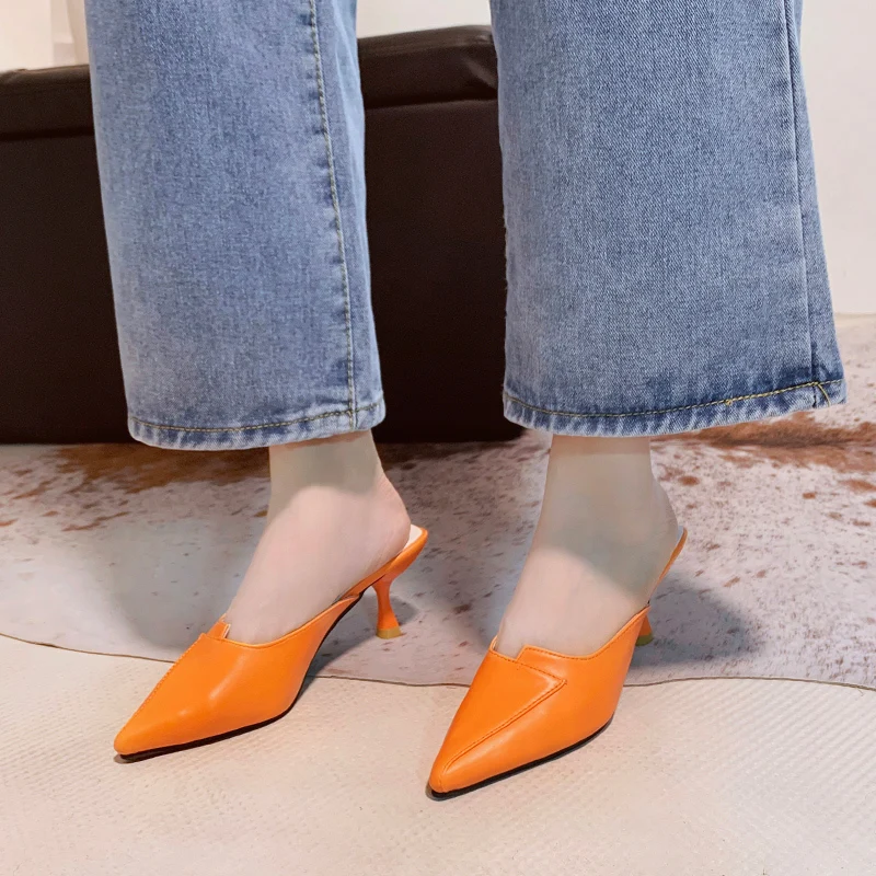 

Candy Colors High Heel Pu Leather Mules Shoes Women Pointed Toe Slippers Summer Thin Heel Sandals Women Half Slippers 2020