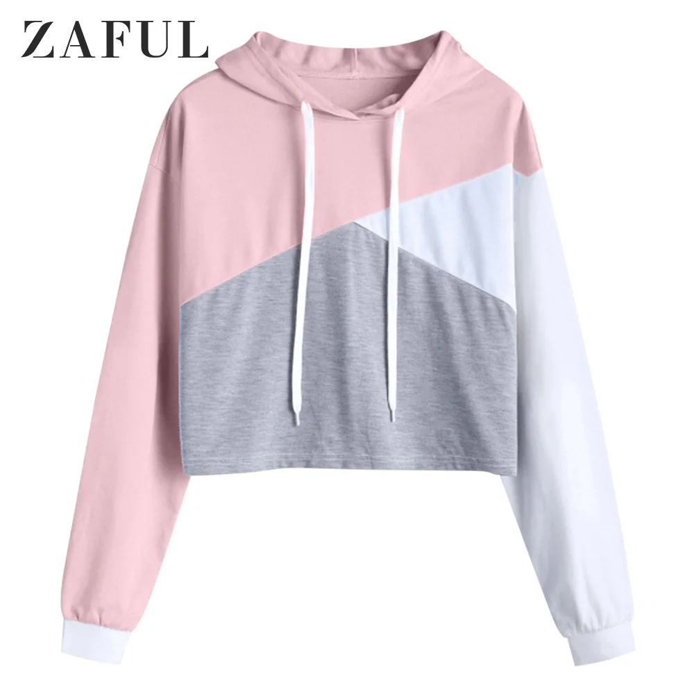 

Zaful Contrast Patchwork Women Causal Sweatshirts Autumn Hoodie Drop Shoulder Female Pullovers Drawstring Cropped Short Tops