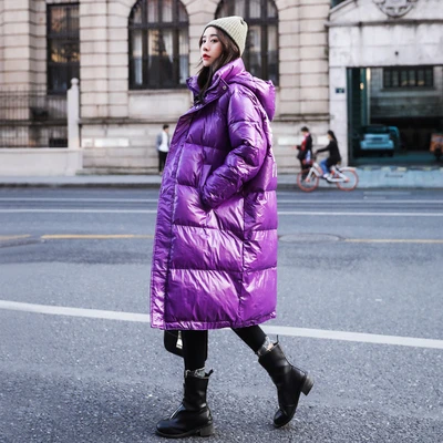 Purple ZURICHOUSE зимнее пальто Женская длинная верхняя одежда теплая парка с капюшоном модная блестящая фиолетовая зимняя куртка с буквенным принтом женская - Цвет: Purple