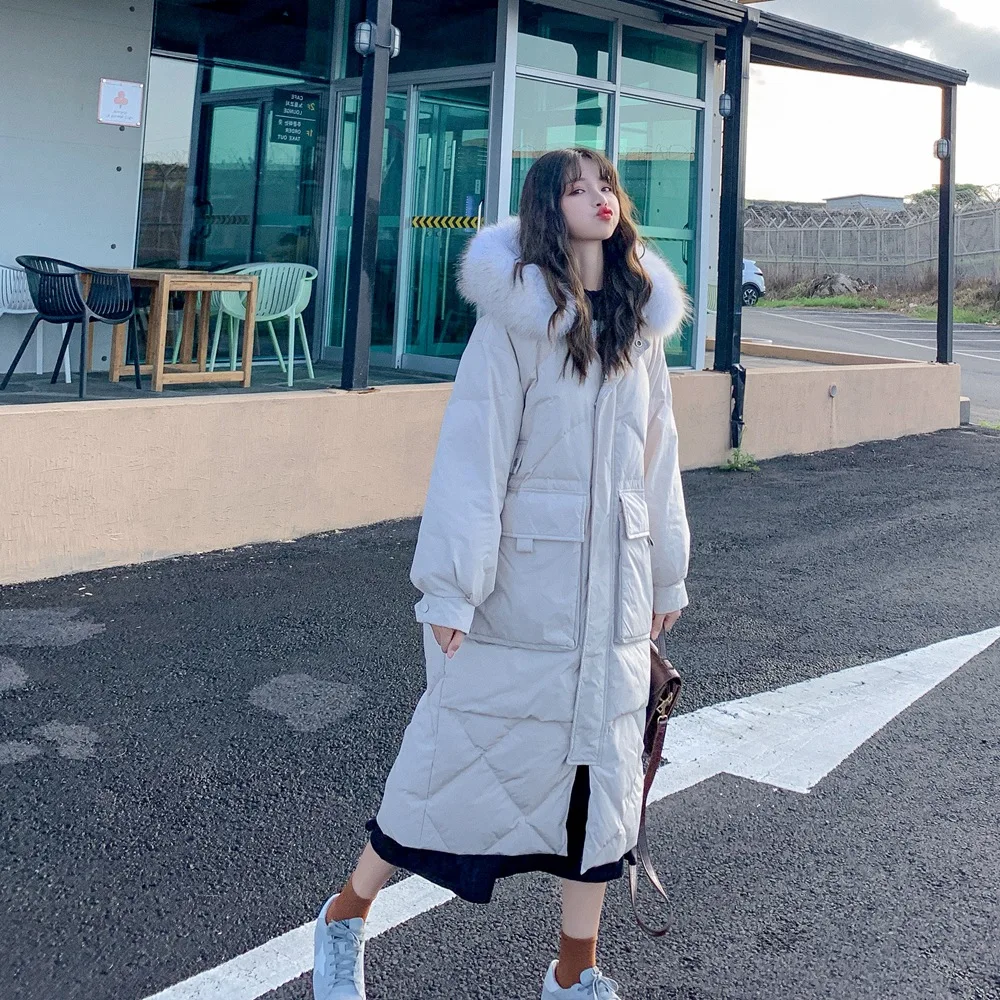 

Photo Shoot Long Cotton Overcoat Women's 2019 Winter New Style Retro Laziness-Style Large Pocket Large Fur Collar Hooded Cotton