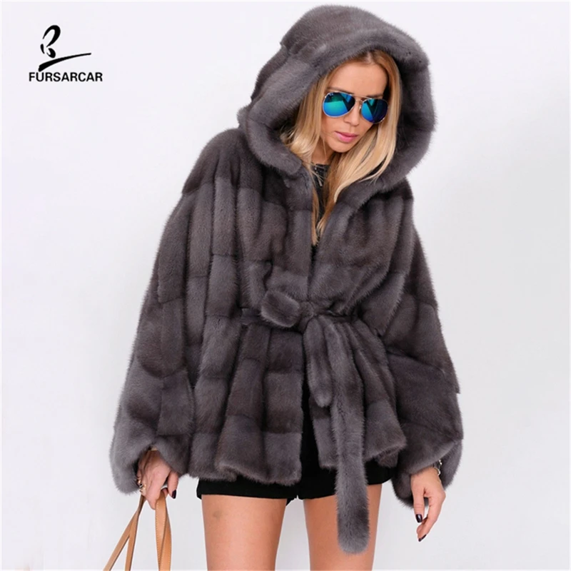 

FURSARCAR 2019 Hot Sale Women Real Fur Mink Cape For Female Winter Natural Fur Shawl Fashion Luxury Lady Genuine Fur Hooded Coat