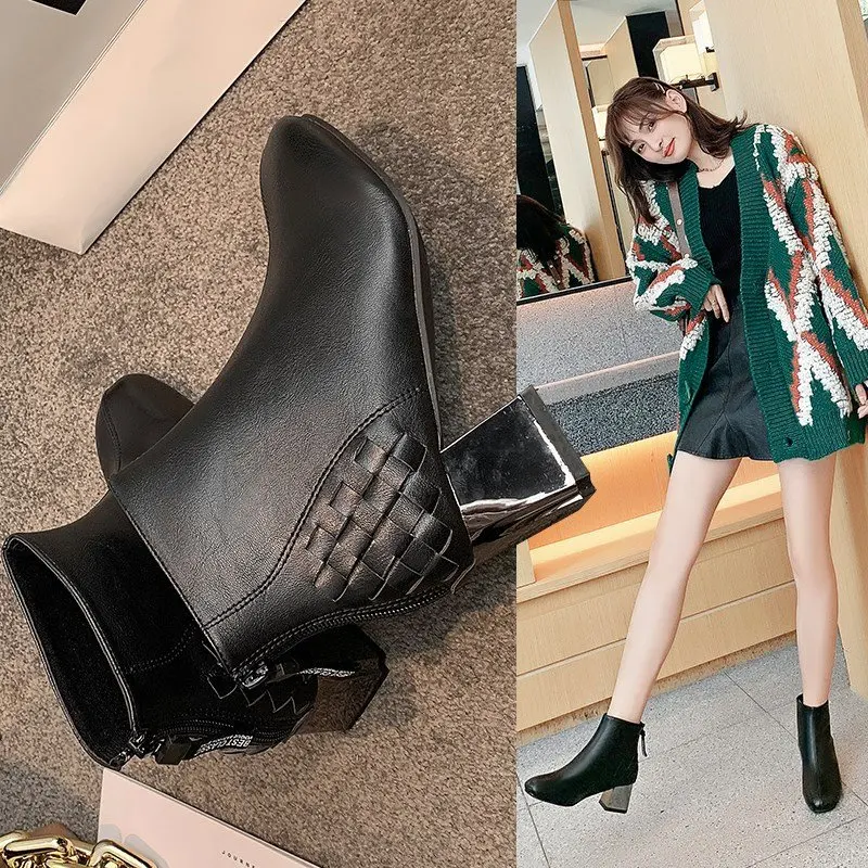 

British Style Short Boots Women 2022 New Fashion All-match Autumn and Winter Square Heel Comfortable short Boots Ladies