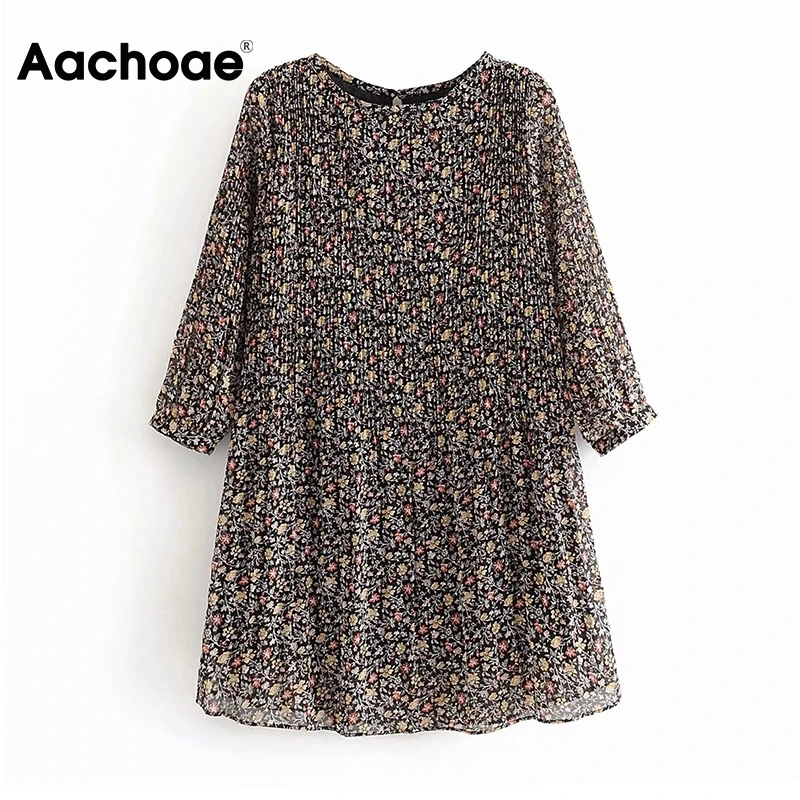Aachoae Casual O Neck Floral Chiffon Dress Women Summer Pleated Three Quarter Sleeve Loose Mini Dress Hollow Out Dress Sundress Aachoae Casual O Neck Floral Chiffon Dress Women Summer Pleated Three Quarter Sleeve Loose Mini Dress Hollow Out Dress Sundress