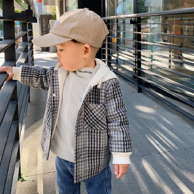 Fashion Baby Boy Girl Plaid Hooded Jacket Infant Toddler Child Wool Coat Fleece Inside Spring Autumn Winter Baby Clothes 1-7Y