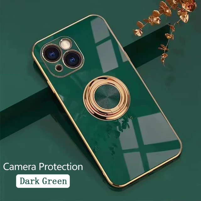Luxury Plating Magnetic Attraction Ring Phone Case For iPhone 11 12 13 Pro Max Mini X XR 7 8 Plus SE2022 Soft Covers With Holder Dark Green