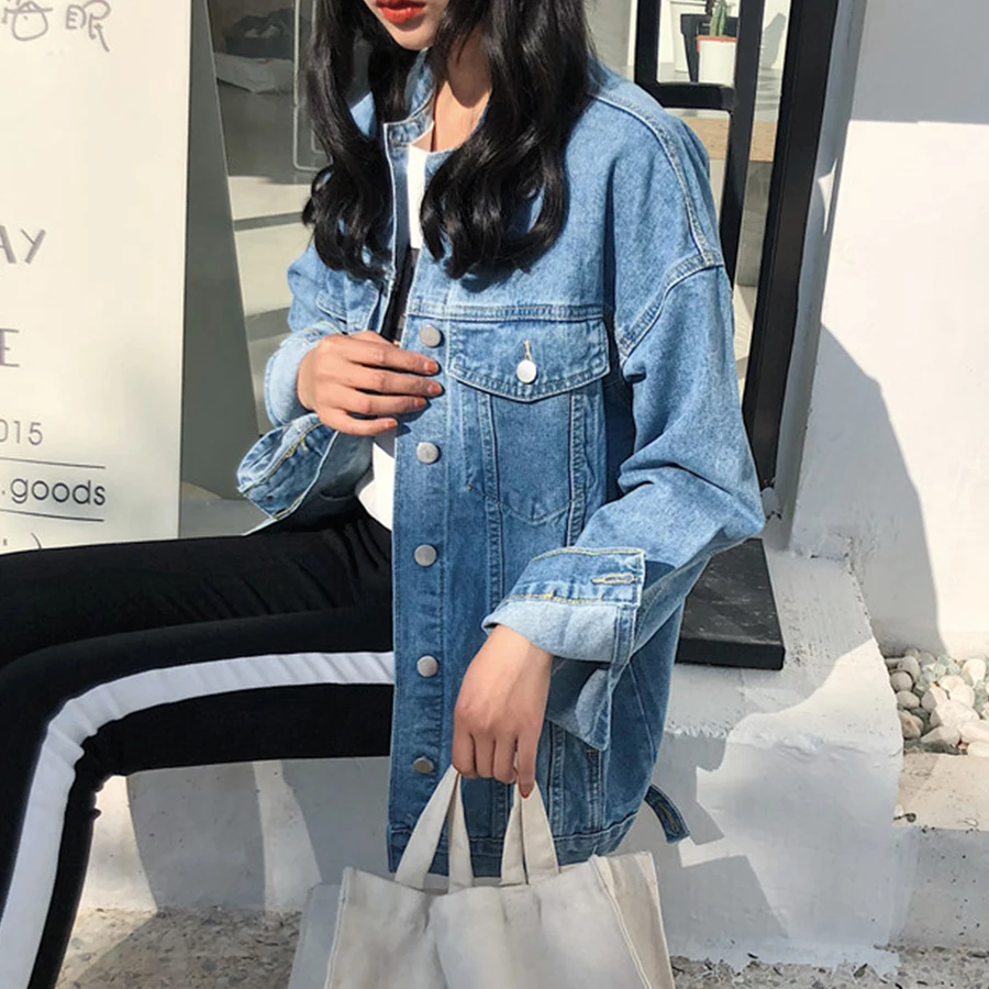 Very best  Solid Turn-Down Collar Denim Jackets Women Casual Loose Blue Jean Coats Jacket Female Long Sleeve S