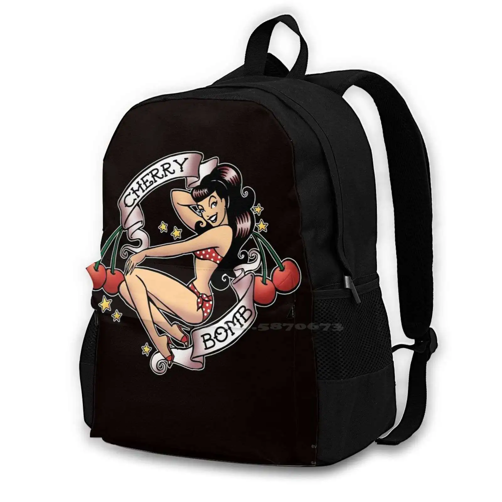 

Cherry Bomb Bag Backpack For Men Women Girls Teenage Black Retro Up Pinup Up Girl Cute Sexy Cartoon Tattoo Cherry Bomb Cherry
