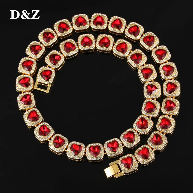 

D&Z New 13mm Heart Stone Tennis Chain Necklace Alloy Material Iced Out Bling Rhinestones For Men Women Jewelry