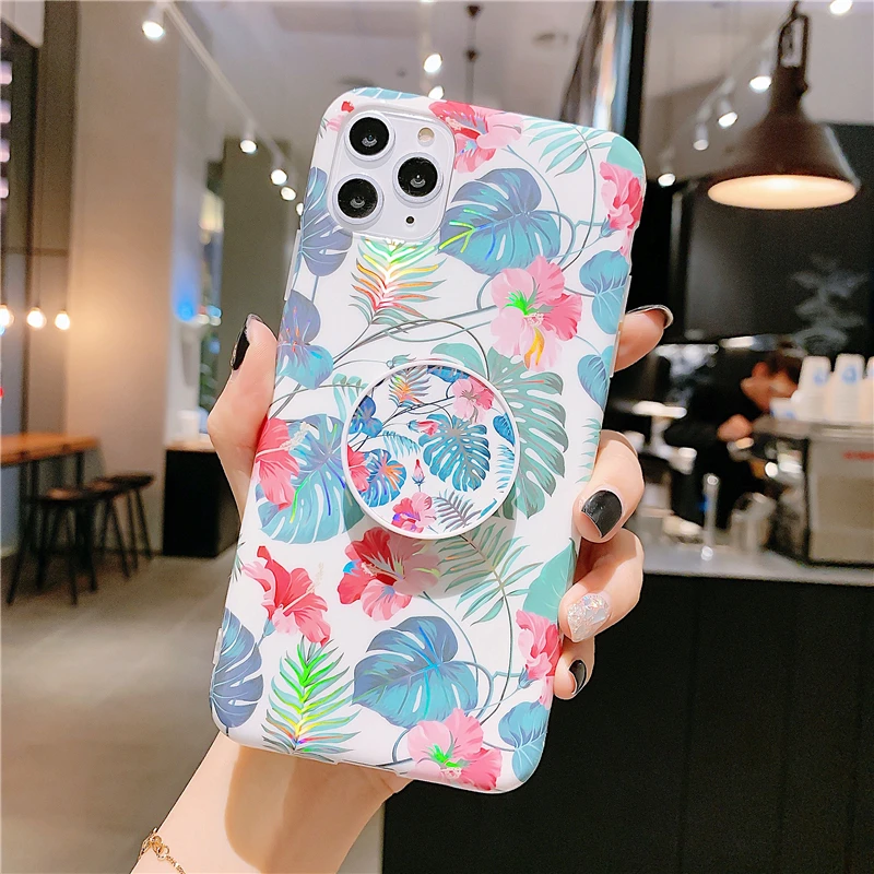 Элегантный чехол для телефона с лазерными цветами для Iphone 11 Pro Max X Xsmax Xr, мягкий чехол для Iphone 6, 7, 8 Plus, Стильный чехол для девочек с кольцом - Цвет: Бежевый