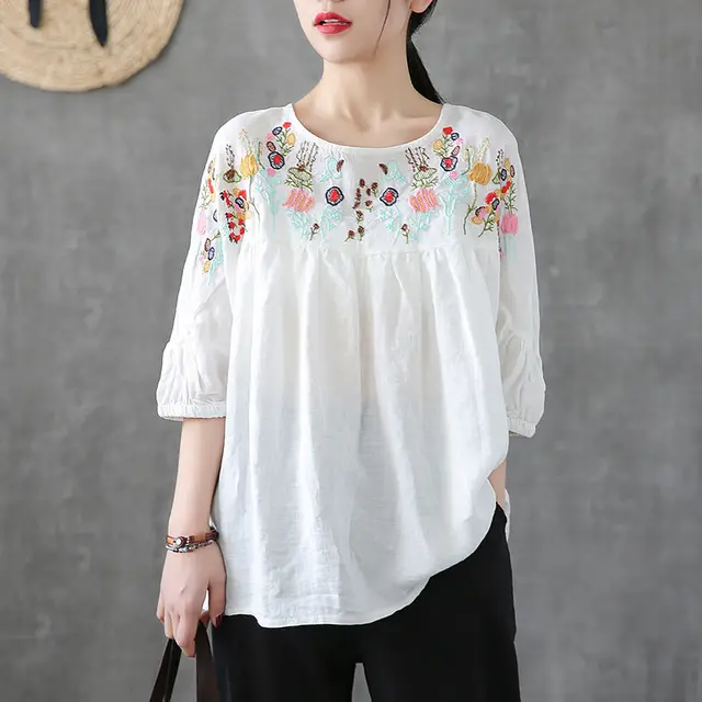 White Tunic Linen Shirt Women Vintage 