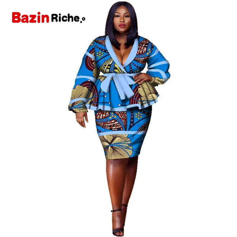 Plus Size Top and Straight Skirt Sets African Wax Print 2 Pieces Skirt Set for Women Bazin Riche African Style Clothing WY2858 - Цвет: 10