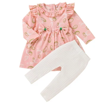 

ZWY568 Baby Spring Autumn Clothing Toddler Kids Baby Girl Ruffle Long Sleeves Floral Tops Dress+ Ruffled Pants Clothes 2PCS Set