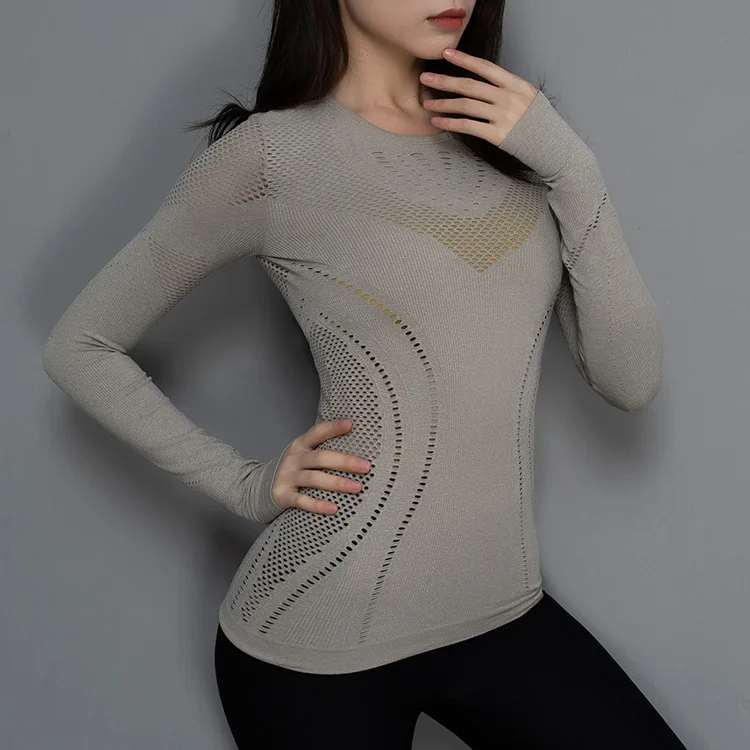 New spot fitness long-sleeved woman solid color round collar mesh repair body breathable lady running suit