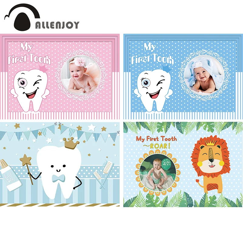 

Allenjoy My First Tooth Party Decoration Backdrop Banner Birthday Baby Shower Girl Boy Customize Photo Background Photocall