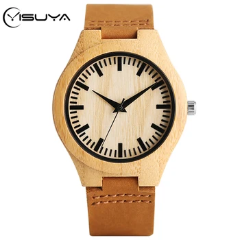 

YISUYA Pure Bamboo Wood Men's Watch Quartz Clock Minimalist Light Quartz Wristwatches Genuine Leather Watch relojes de pulsera