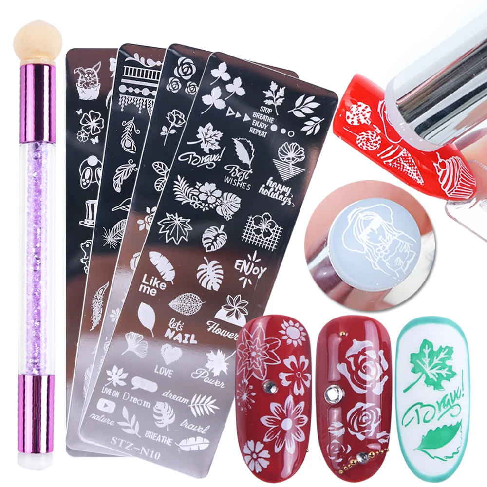 1 Set Nail Stamping Plates Geometry Flowers Leaf With Silicone Sponge Brush DIY Template Manicure Image Plate Tool NFSTZN01-12-2 | Красота и