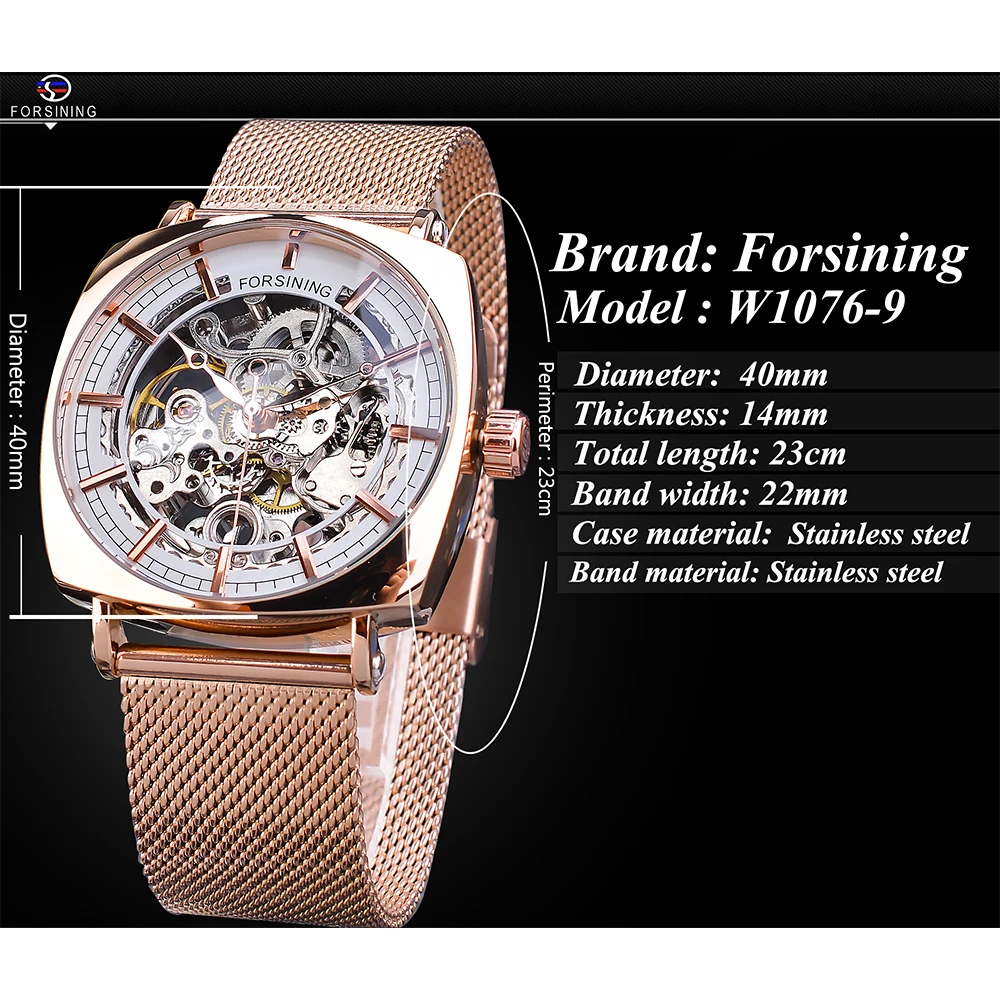 Forsining Top Brand Luxury Man Clock Fashion Mens Watch Casual Waterproof Rose Gold Mesh Skeleton Mechanical Wristwatches