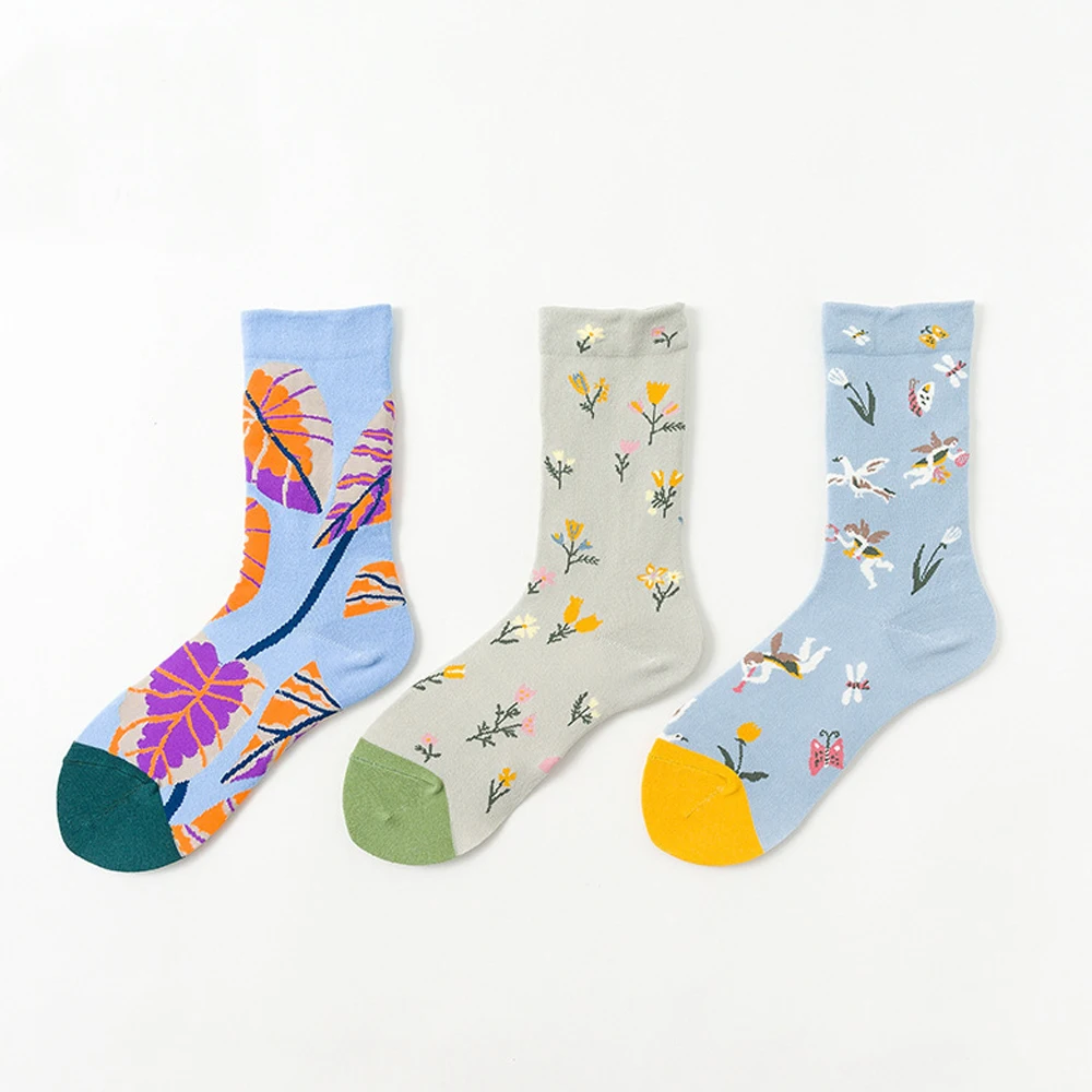 1 пара, женские носки, Harajuku, для отдыха, жаккардовые, забавные, женские, очаровательные, с цветами, листьями, хлопковые носки, без пятки, удобные, трендовые носки для девочек