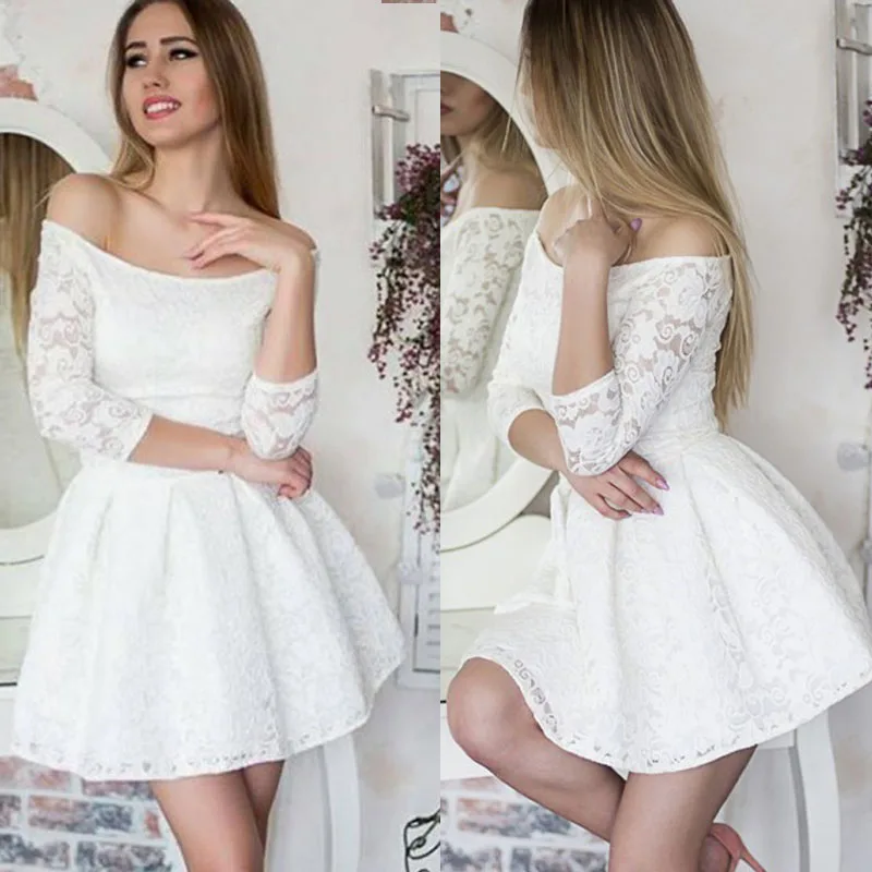 

Off Shoulder Long Sleeves Homecoming Dresses Short Lace A-Line Mini Cocktail Gowns Prom Gowns Graduation Dresses Cheap 2019