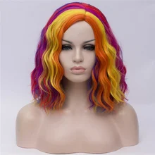 Ombre желтые розовые красные парики для косплея для женщин цвет радуги короткие волнистые розовые парики